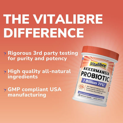Vitalibre Akkermansia Muciniphila Probiotic 1 Billion TFU, w/Natural Prebiotic Inulin, Naturally Increases GLP-1, Healthy Digestion & Metabolism, Probiotic Supplement for Women & Men, 30 Capsules