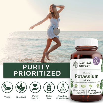 Natural Nutra Elemental Potassium Gluconate 99 mg Dietary Supplement – Promotes Energy, Helps Boost Nervous System, Promotes Heart Health, Mineral Regulation, Muscle Function - 100 Vegan Tablets