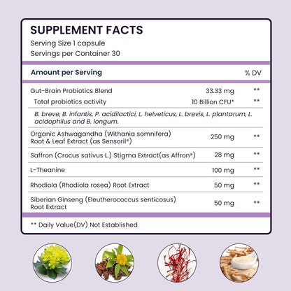 UpNourish Organic Ashwagandha Saffron Supplements with Probiotics - Stress Relief, Mood Enhancer, Calm Happy Pills Support Fatigue Focus Clarity with L-Theanine, Rhodiola, 30 Vegan Capsules