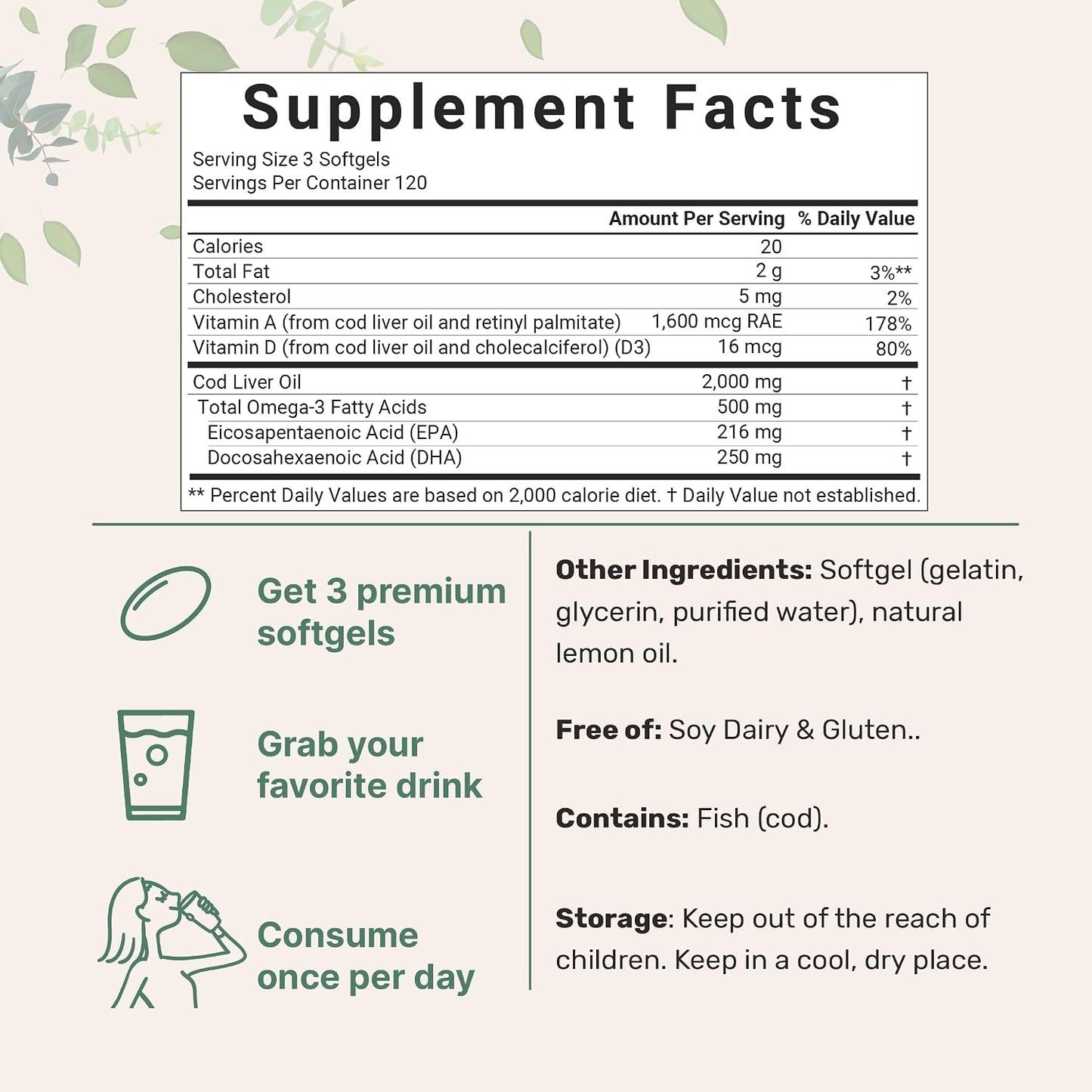 Cod Liver Oil 2,000mg Per Serving, 360 Softgels | Burpless Lemon Flavored – Rich in Omega 3, Vitamins A & D3, EPA, DHA | Wild Caught Arctic Deep Sea Fish | Heart, Brain, & Immune Supplement