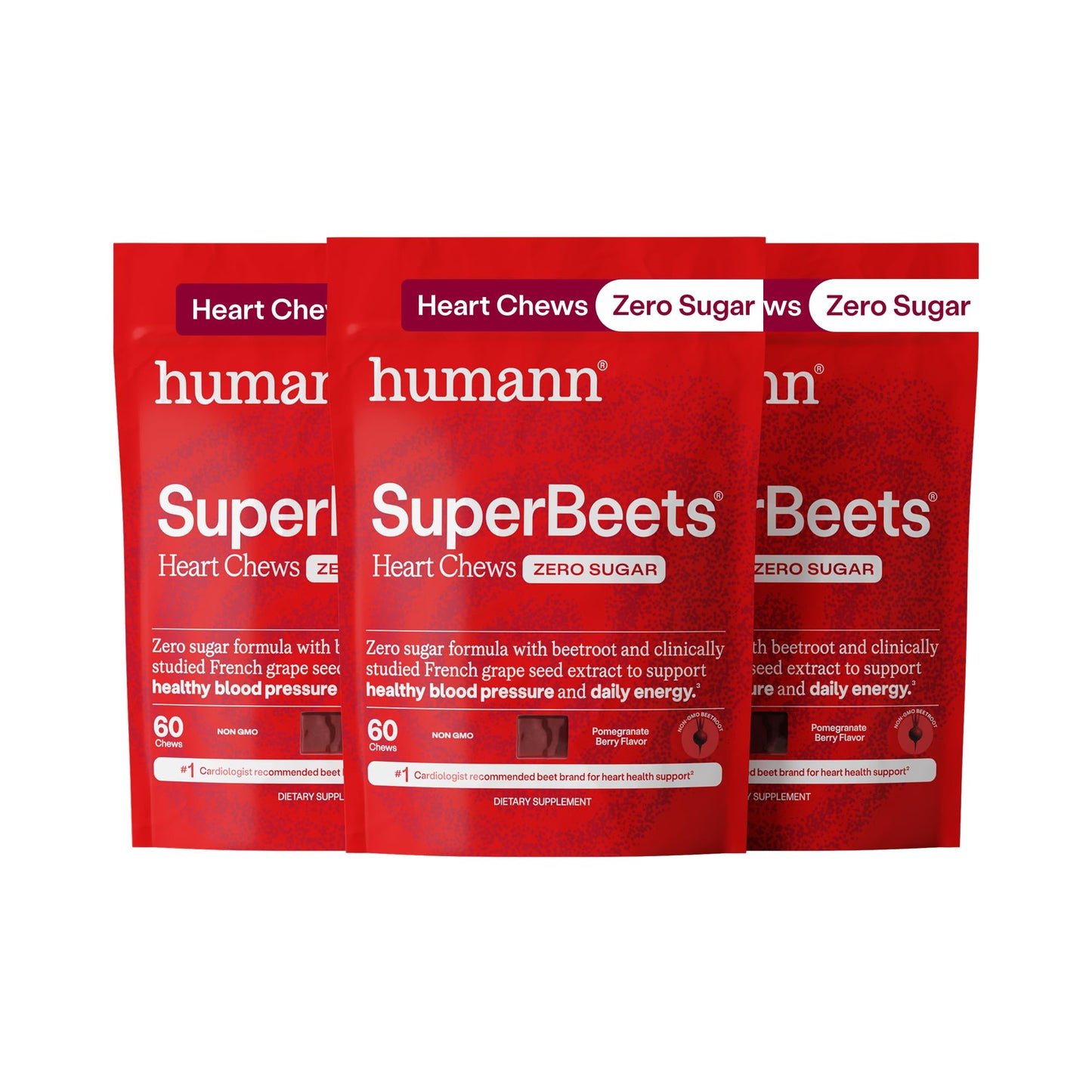 HumanN SuperBeets Heart Chews Zero Sugar, Beet Root Supplement, Energy, Nitric Oxide and Blood Pressure Support, Grape Seed Extract & Non-GMO, Heart Health, Pomegranate Berry Flavor, 60 Count