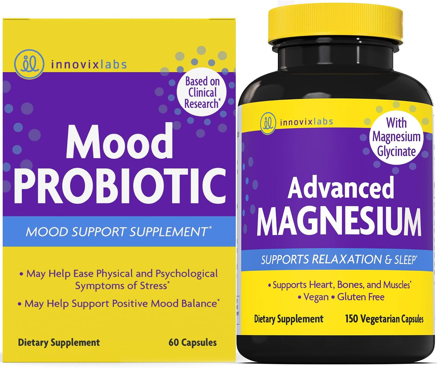 Magnesium & Mood Bundle: InnovixLabs Advanced Magnesium (150 Time-Release Capsules) and InnovixLabs Mood Probiotic (60 Capsules). Helps Promotes Relaxation and Healthy Mood. *