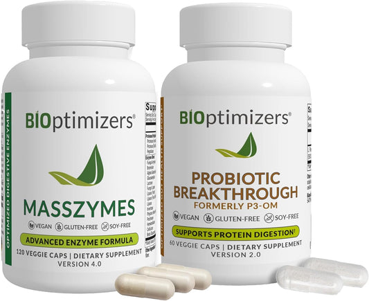 BIOptimizers MassZymes Digestive Enzymes - Probiotic Breakthrough Bundle – Gut Health & Bloating Relief – Prebiotic & Enzyme Support for Digestion, Energy, Health & Recovery – 180 Vegan Capsules