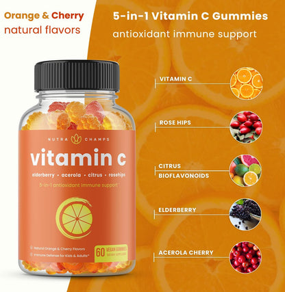 NutraChamps Vitamin C Gummies for Adults & Kids, 5-in-1 Immune System Support with Elderberry, Rosehips, Citrus Bioflavonoids & Acerola Cherry, Immunity Booster Supplement (Pack of 2)