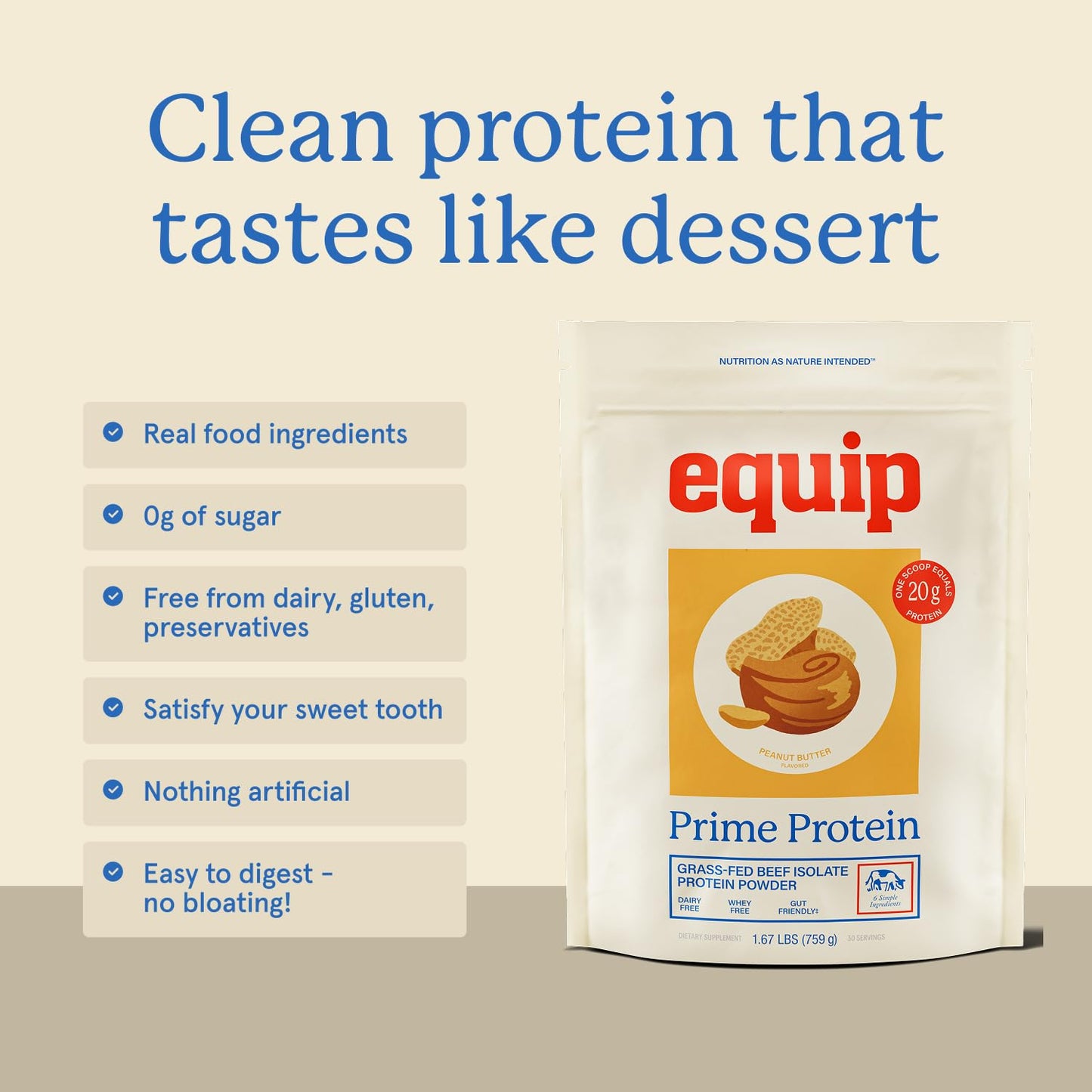 Equip Prime Chocolate Protein Powder - Gut-Friendly, No Sugar Protein Shake Powder with Grass-Fed Beef & Natural Collagen - Rich & Creamy Mix - 21g Per Serving - Whey & Dairy-Free (30 Scoops)