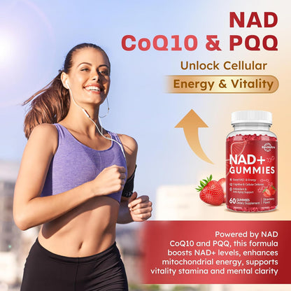 NAD+ Supplement Gummies, NAD Reveratrol Supplement for Women & Men, NAD+ with TMG, ALA, PQQ, CoQ10, Quercetin for Anti-Aging, Brain, Cellular Energy Health, Strawberry Flavor, 60ct