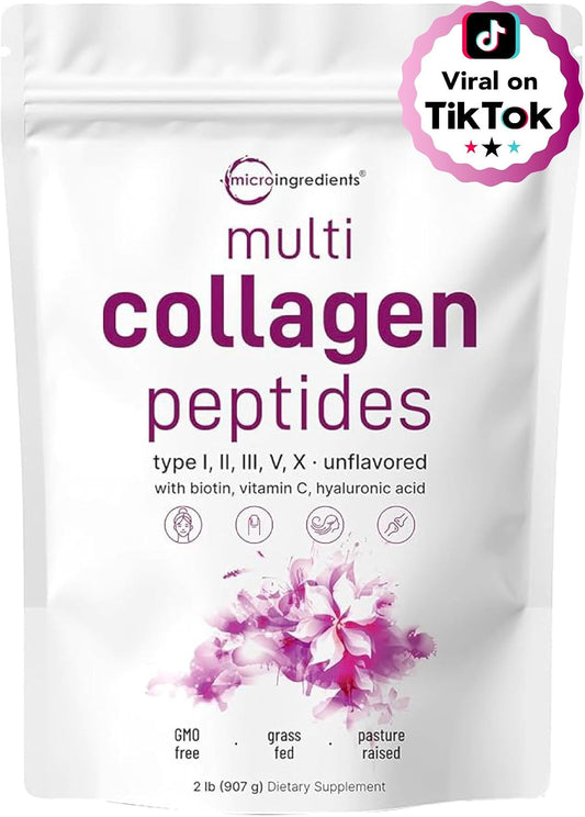 Micro Ingredients Multi Collagen Peptides Powder, 2lb (82 Servings) – Hydrolyzed Type I,II,III,V,X with Biotin, Hyaluronic Acid, Vitamin C – Unflavored Collagen for Women & Men, Easy Dissolve