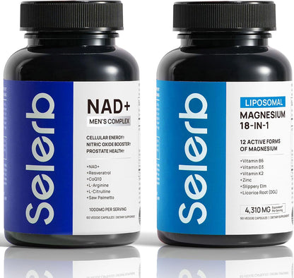 Selerb NAD+ Supplements for Men & 18 in 1 Magnesium Complex – Cellular Energy, Muscle, Sleep & Bone Support with Nitric Oxide, Resveratrol, CoQ10, Liposomal Magnesium, D3 & K2