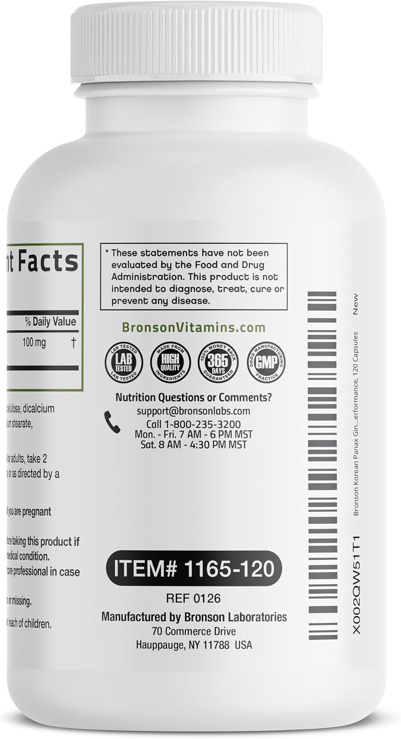 Bronson Korean Panax Ginseng Supports Energy, Endurance & Vitality + Memory and Mental Performance, 120 Capsules