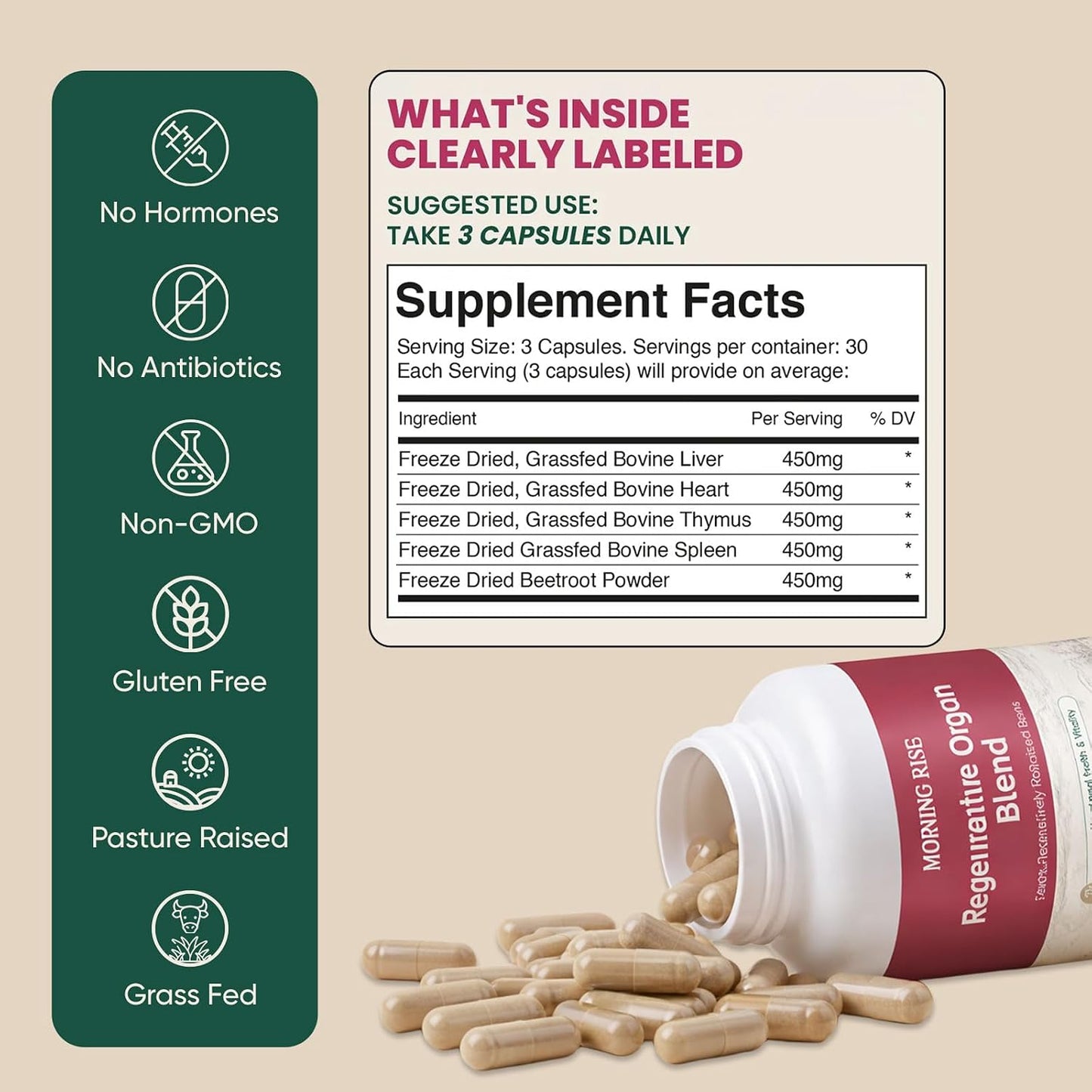 MORNING RISE Regeneratively Raised Beef Organs Capsules, Grass Fed & Pasture Raised, Gluten-Free, Non-GMO, 90 Count