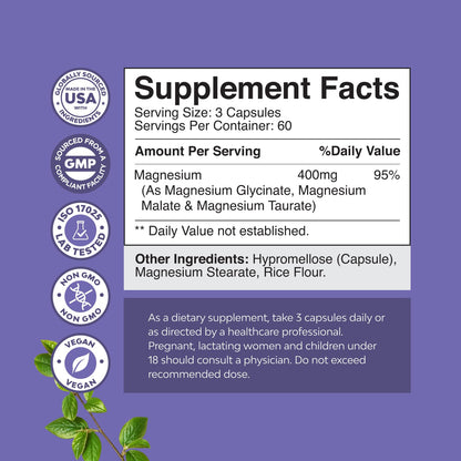 Triple Magnesium Complex Supplement - High Absorption Magnesium Glycinate, Malate & Taurate Blend for Muscles Energy Support & Heart Health - Triple Mg Complex 400 mg Capsules - 180 Count