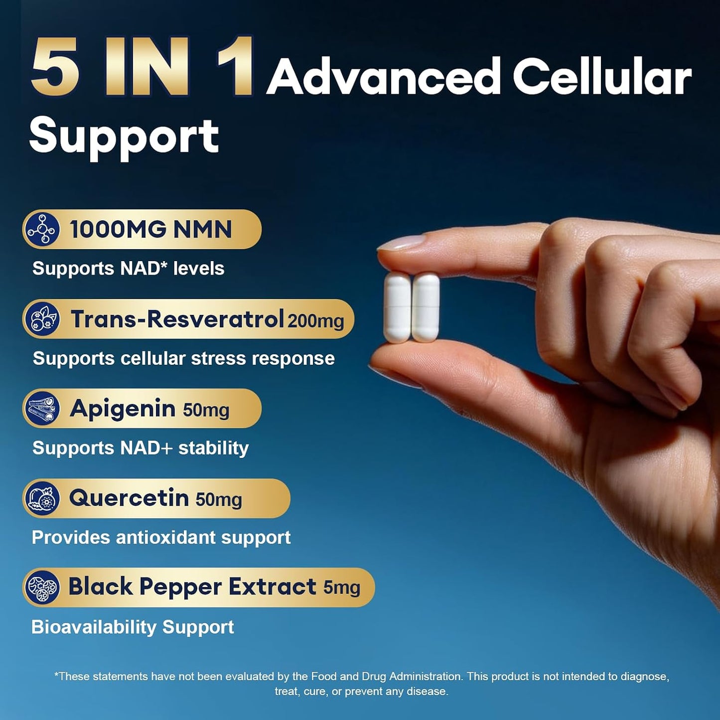 Migcopat NMN Supplement 1000mg – 5-in-1 NAD Supplement w/Resveratrol, Apigenin, Quercetin & Black Pepper – NMNH Alternative – Supports Cellular Energy, Healthy Aging & Longevity – 120 Veggie Capsules