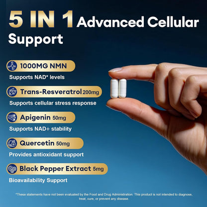 Migcopat NMN Supplement 1000mg – 5-in-1 NAD Supplement w/Resveratrol, Apigenin, Quercetin & Black Pepper – NMNH Alternative – Supports Cellular Energy, Healthy Aging & Longevity – 120 Veggie Capsules