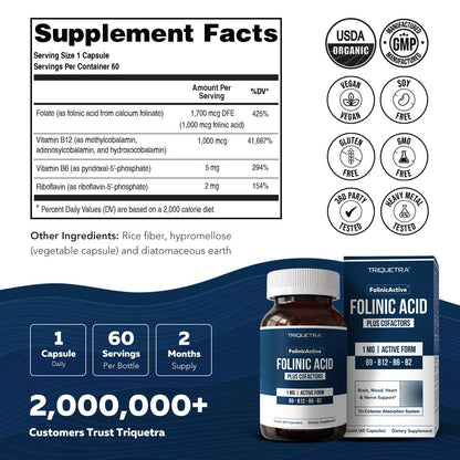 FolinicActive™ Organic Folinic Acid Liquid Drops for Brain, Heart, Nerve & Mood Support - 1700 mcg with B12, B6 & Riboflavin B2 - Tri-Cofactor Absorption System -Berry Flavor Drops, 1fl oz-60 Servings
