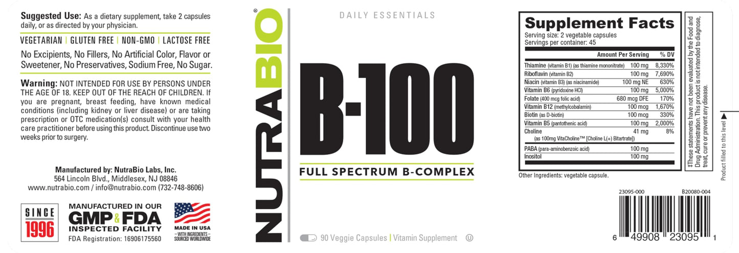 NutraBio B-100, B Vitamin Complex, Immune System Support, Healthy Hair, Skin, Nails, 90 Vegetable Capsules
