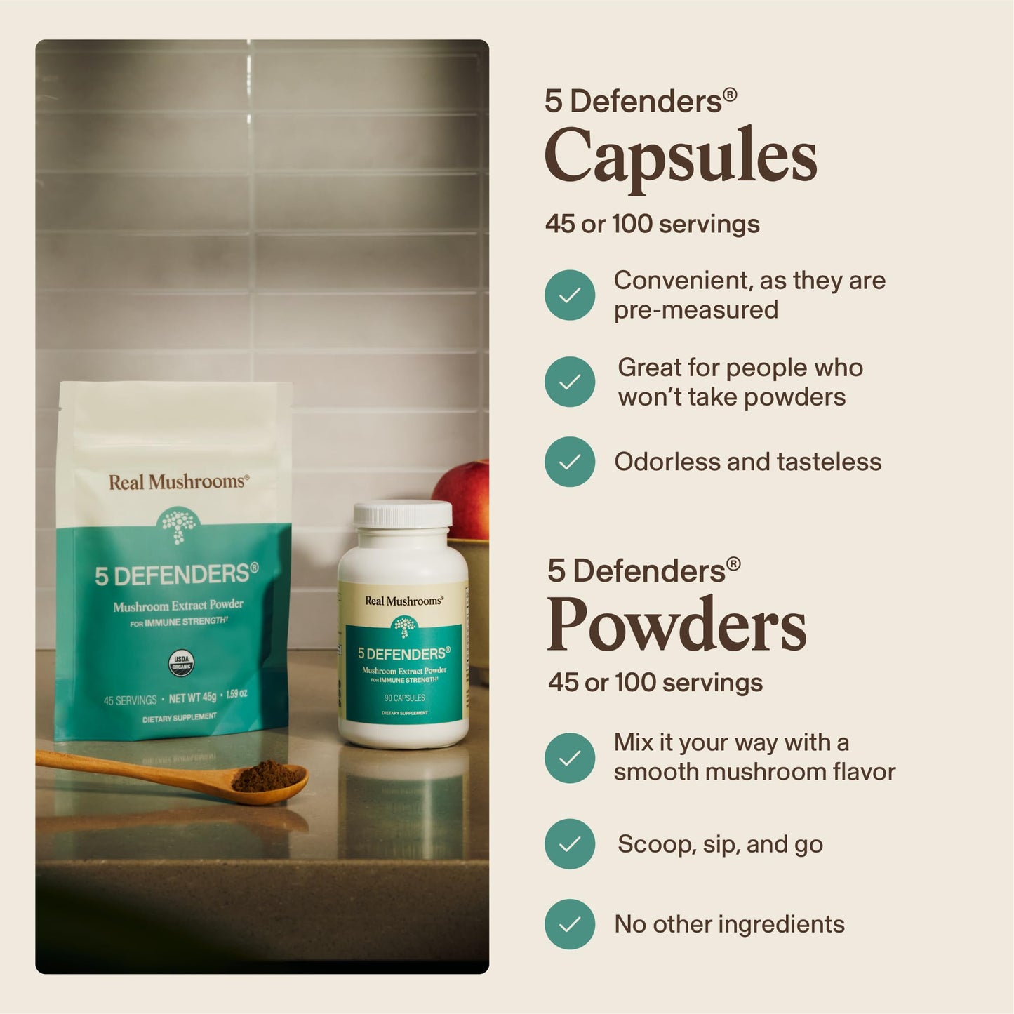 Real Mushrooms 5 Defenders - Adaptogenic Mushrooms Complex with Chaga, Reishi, Turkey Tail, Maitake & Shiitake for Wellness Support - Mushroom Beta Glucan Capsules - 90 Count