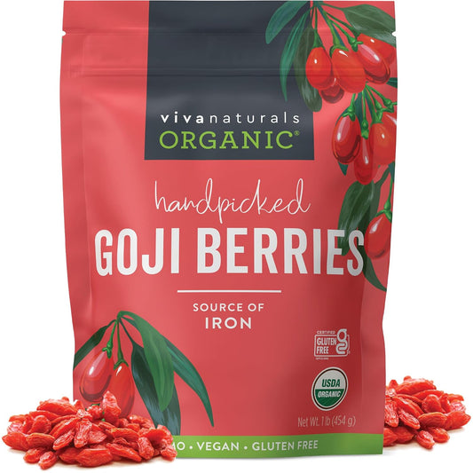 Viva Naturals Organic Dried Goji Berries, 1 lb (454 g) – Non-GMO, Vegan Wolfberries, Perfect for Goji Berry Tea, Smoothies, Baking & Snacking
