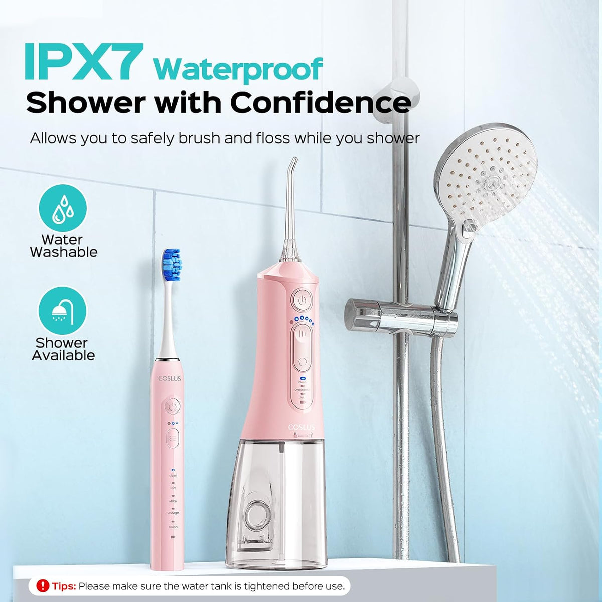 COSLUS C51C30 Water Flosser Electric Toothbrush Combo, Pink Oral Clean Kit