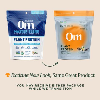 OM MUSHROOM SUPERFOOD Master Blend Vegan Protein – Organic Vanilla Plant Protein Powder, GLP-1 Friendly, Excellent Source of Protein, Good Source of Fiber, 10 Functional Mushrooms – 16 Servings