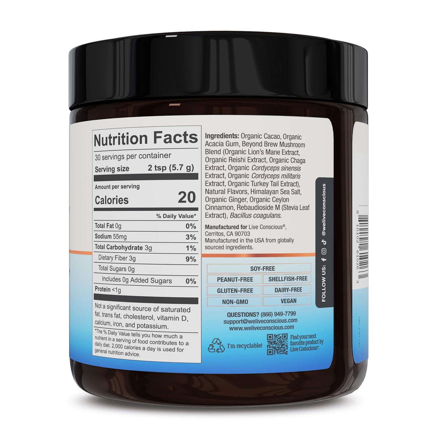 Live Conscious Beyond Brew - Coffee Alternative - Low Caffeine - Mushroom Complex w/Lion’s Mane, Reishi, Cordyceps & Chaga for Sustained Focus, Energy & Immunity - w/Prebiotics & Probiotics - 30