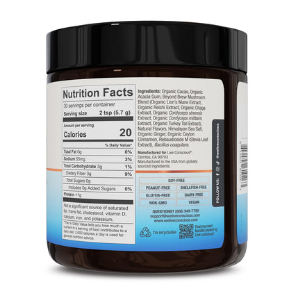 Live Conscious Beyond Brew - Coffee Alternative - Low Caffeine - Mushroom Complex w/Lion’s Mane, Reishi, Cordyceps & Chaga for Sustained Focus, Energy & Immunity - w/Prebiotics & Probiotics - 30