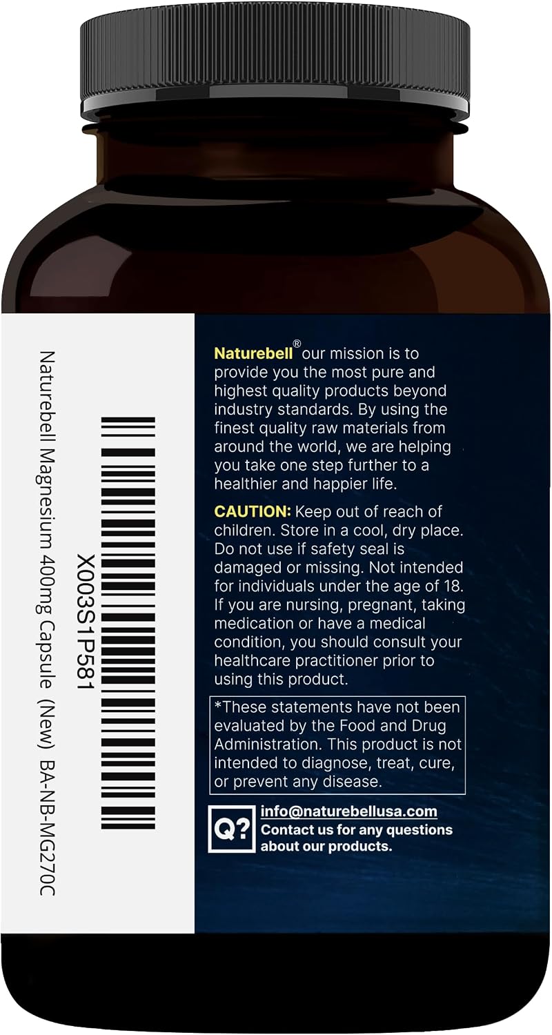 NatureBell Magnesium Glycinate 400mg Elemental, 270 Capsules | 100% Chelated for High Absorption | Supports Muscle, Bone & Heart Health | Non-GMO, Gluten-Free, Vegan