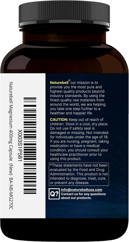 NatureBell Magnesium Glycinate 400mg Elemental, 270 Capsules | 100% Chelated for High Absorption | Supports Muscle, Bone & Heart Health | Non-GMO, Gluten-Free, Vegan
