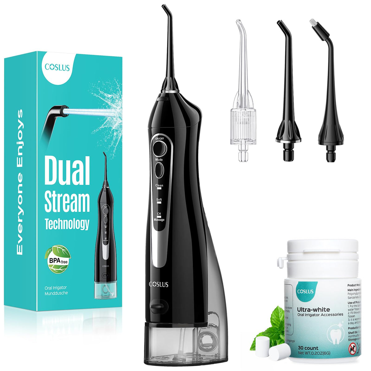 COSLUS ADA Accepted C20 Water Dental Flosser Pick, Professional Set Black
