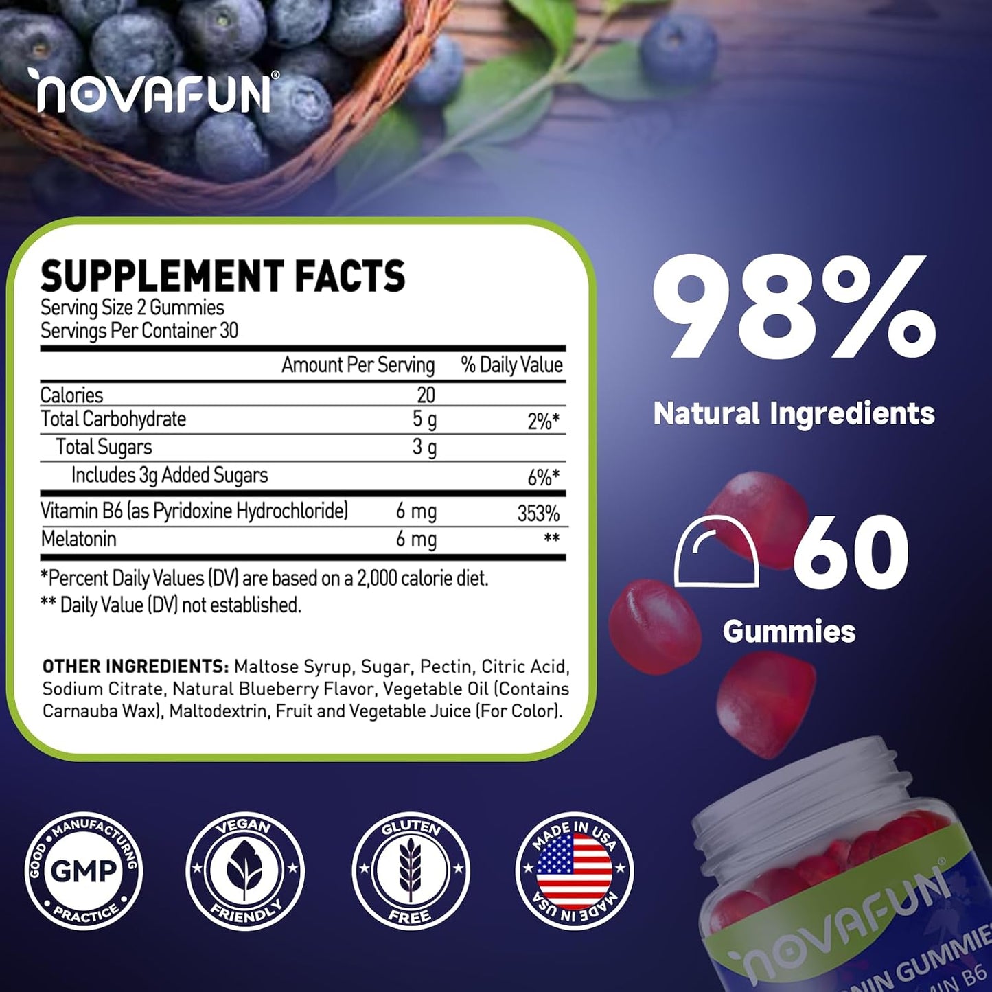 Melatonin Gummies 6mg, with Vitamin B6, Blueberry Flavor Chewable for Adult, Vegetarian & Gluten-Free, 60 Count