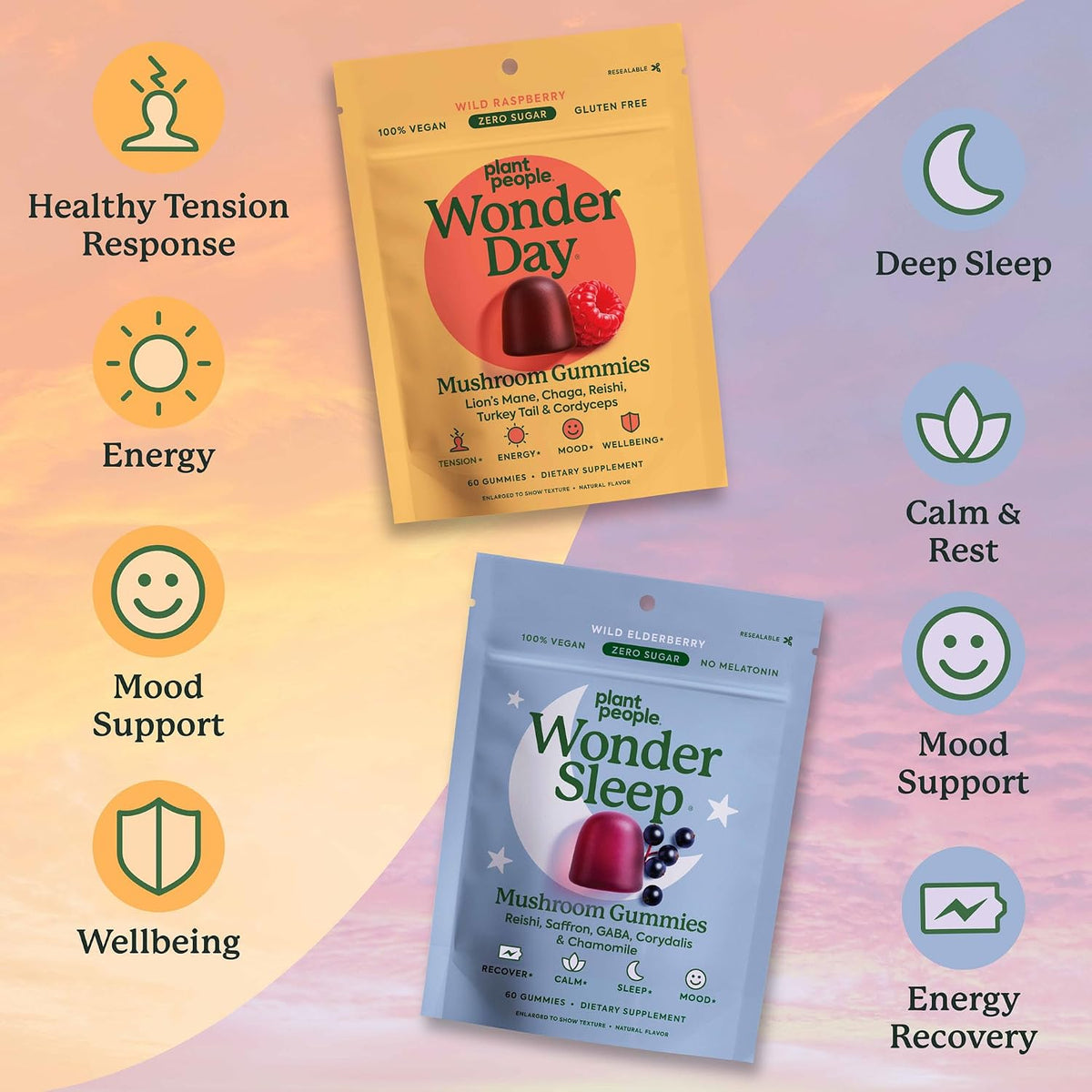 Plant People WonderDay & WonderSleep Mushroom Gummies Bundle, 60 Ct Each