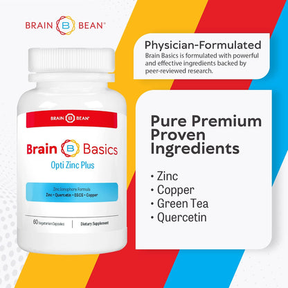 Brain Basics Opti Zinc Plus - Zinc Supplement with Quercetin, EGCG, and Copper. Immune Support Formula - 60 Capsules