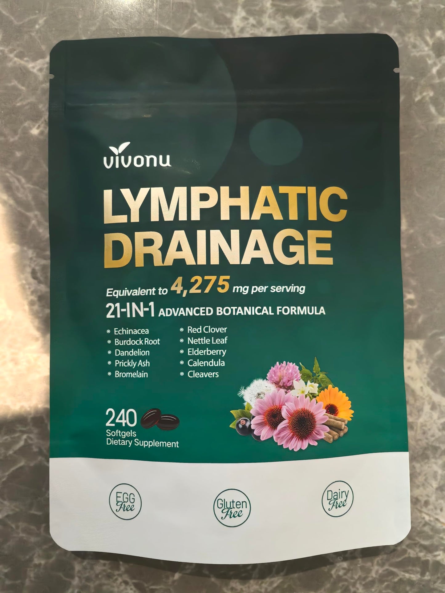 Lymphatic Drainage Supplements, 240 Softgels, Lymph System Support Supplement for Women & Men, 21-in-1 Herbal Blend with Echinacea, Dandelion, Burdock, Bromelain, Calendula, Turmeric & More, 1 Bag