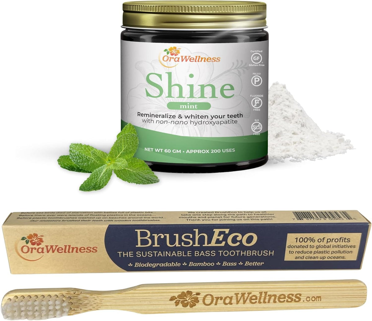 OraWellness Shine Mint Remineralizing Tooth Whitening Powder + BrushEco Bamboo Toothbrush with 4 Rows