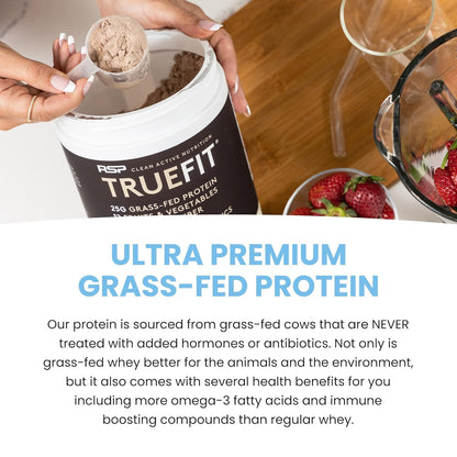 TrueFit Grass-Fed Whey Protein Powder + Fiber & Probiotics, Vanilla Shake | 25g Gut Healthy Protein with Fiber, Probiotics & Non-GMO Superfoods for Complete Meal Replacement Shake with Nothing Fake