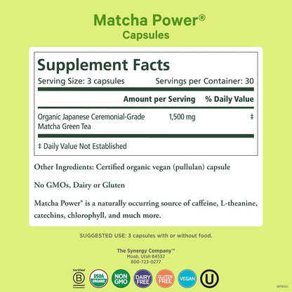 PURE SYNERGY Matcha Power | Organic Matcha Green Tea Capsules | Ceremonial Grade Supplement with EGCG | for Enhanced Energy & Alertness (90 Capsules)