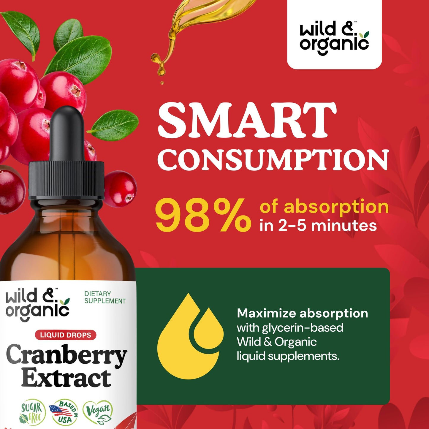 Wild & Organic Cranberry Concentrate Liquid Drops - Urinary Tract Support with Cranberry Supplement for Women & Men - 500 mg Extract per Serving - Vegan, Sugar & Alcohol-Free - 4 fl oz
