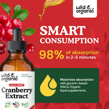 Wild & Organic Cranberry Concentrate Liquid Drops - Urinary Tract Support with Cranberry Supplement for Women & Men - 500 mg Extract per Serving - Vegan, Sugar & Alcohol-Free - 4 fl oz
