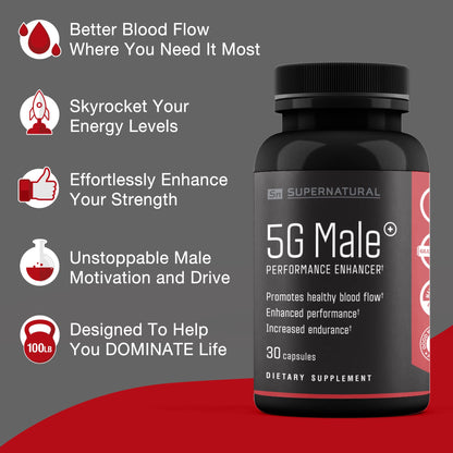 Supernatural Man 5G Male Natural T Booster Enhancing Supplement for Blood Flow, Stamina, Strength & Endurance Ginseng, Garlic, Ginkgo, Ginger Root, Vitamin D - Supports Healthy Males - 30 Capsules