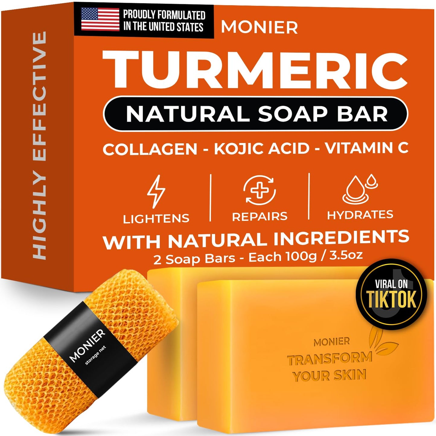 MONIER Turmeric Soap Bar for Dark Spots - With Kojic Acid & Collagen | With Kojic Acid, Collagen, Coconut Oil, Vitamin C, Vitamin E, Moisturizing & Nourishing, Natural (2 Soap Bars + Storage Net)