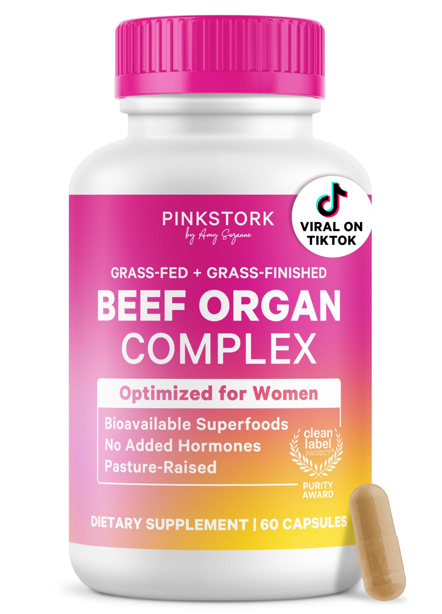 Pink Stork Beef Organ Supplement for Women, Clean Label, 60 Capsules | Grass-Fed Beef Liver Capsules, Iron, B12, CoQ10, Vitamin A, Primal Multivitamin for Hormone + Energy Support