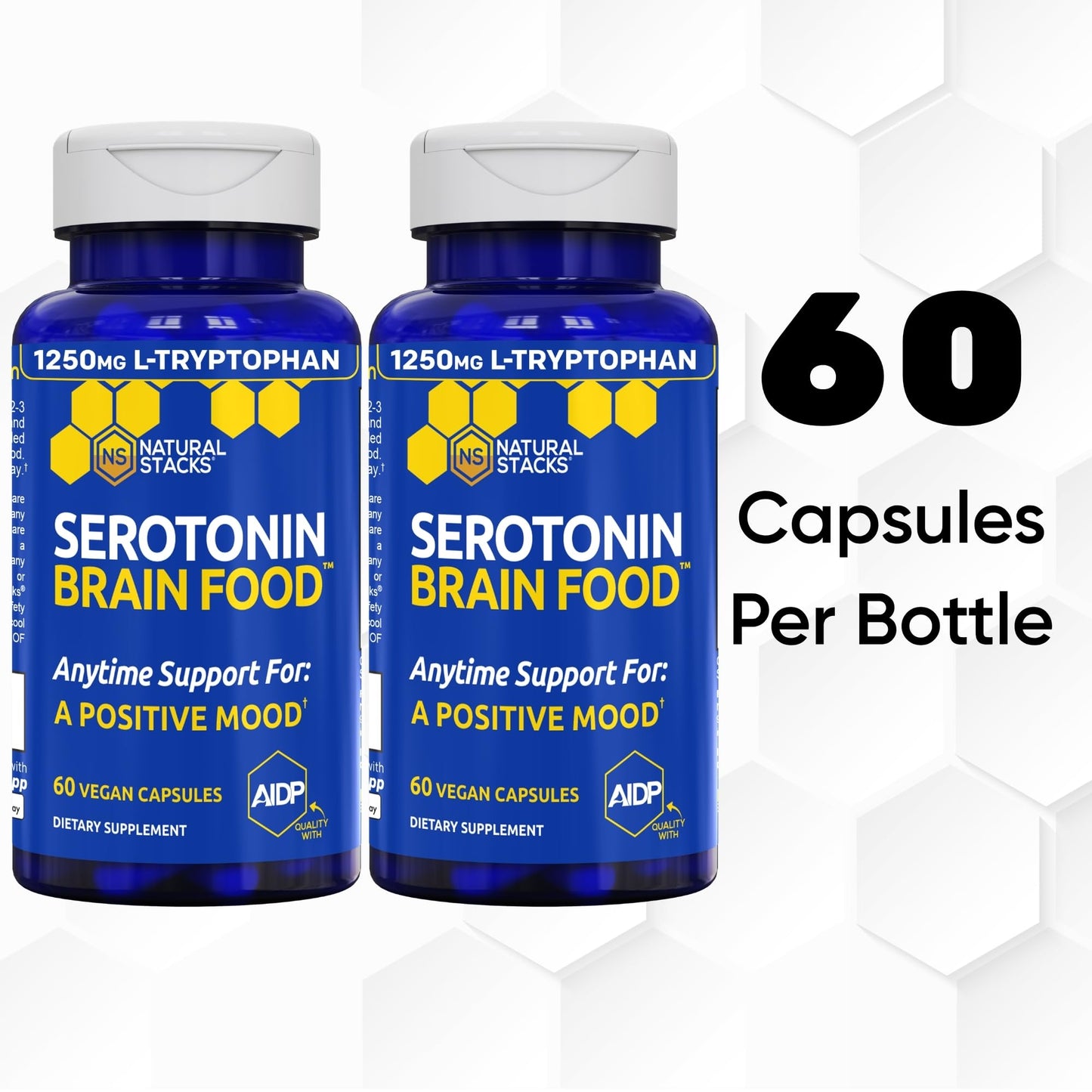 Serotonin Brain Food, Mood Support w/ Tryptophan & Rhodiola Rosea, 60 Count | 1250mg L-Tryptophan Stress Relief Supplement w/ Magnesium Glycinate & Zinc - Neurotransmitter Support - Natural Stacks