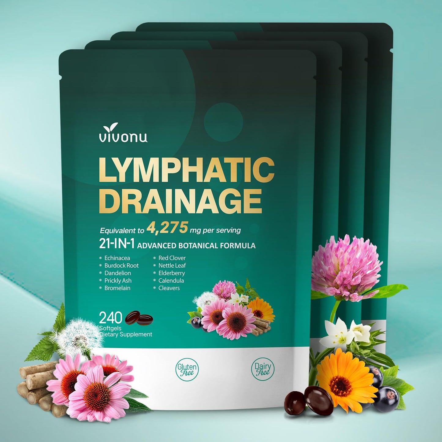Lymphatic Drainage Supplements, 240 Softgels, Lymph System Support Supplement for Women & Men, 21-in-1 Herbal Blend with Echinacea, Dandelion, Burdock, Bromelain, Calendula, Turmeric & More, 1 Bag