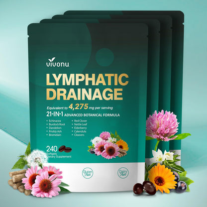 Lymphatic Drainage Supplements, 240 Softgels, Lymph System Support Supplement for Women & Men, 21-in-1 Herbal Blend with Echinacea, Dandelion, Burdock, Bromelain, Calendula, Turmeric & More, 1 Bag