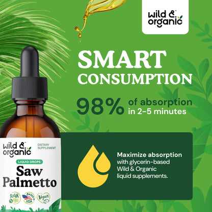 Wild & Organic Saw Palmetto for Men & Women - Urinary Tract & Hair Support - Saw Palmetto Extract Liquid Drops - Add to Tea - Serenoa Repens Berries Supplement - Vegan, Sugar & Alcohol-Free - 4 fl oz