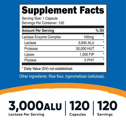 Nutricost Lactase Enzyme Complex 3,000 FCC ALU, 120 Veggie Capsules - Non-GMO