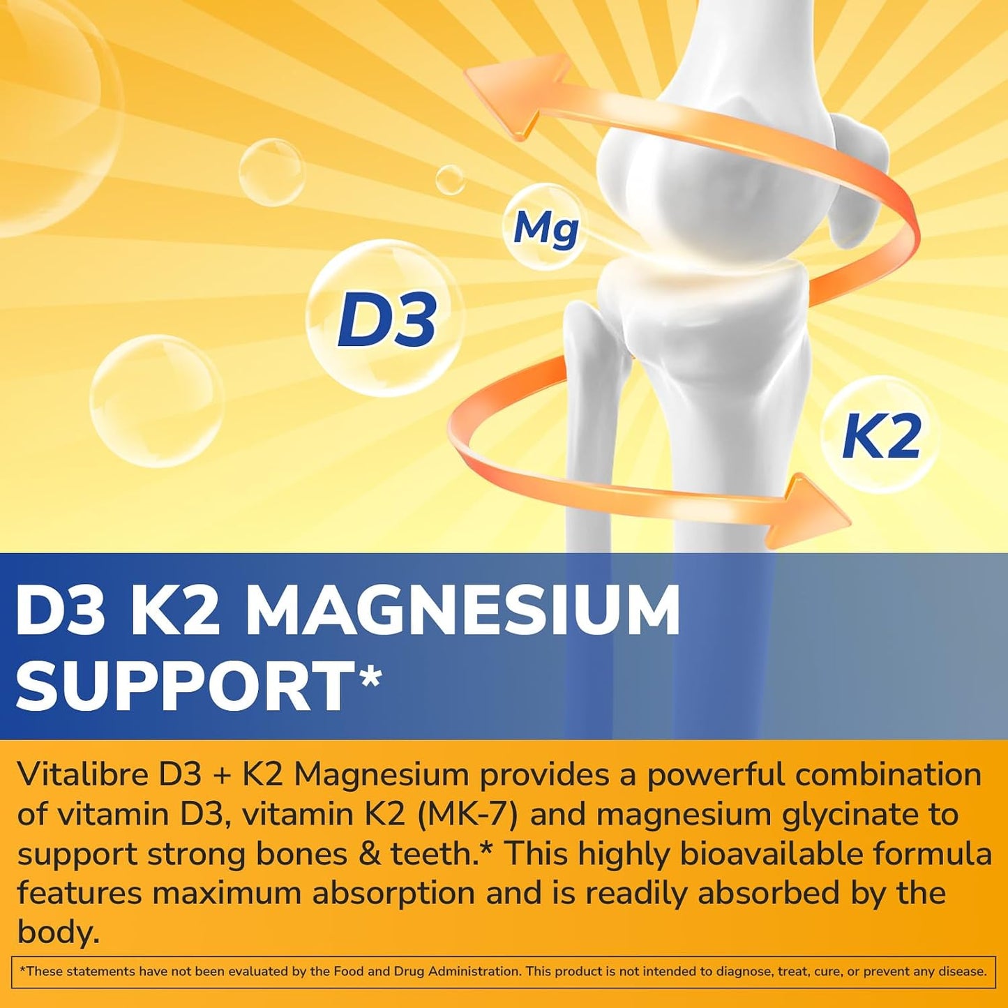 Vitalibre D3 K2 + Magnesium Supplement, 10000 IU Vitamin D3 & 200 mcg K2, with Magnesium Glycinate, Bone, Teeth, Immune & Energy Support, High Absorption, Non-GMO, Easy to Swallow, 60 Capsules