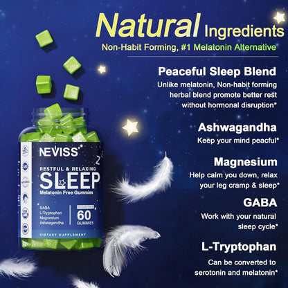 NEVISS Melatonin Free Sleep Aid Gummies for Adults - Magnesium Glycinate Gummies | GABA, L-Tryptophan, Magnesium, Ashwagandha - Non-Habit Forming, Help for Deep Relaxation - Vegan, Lemon Flavor, 2Pack