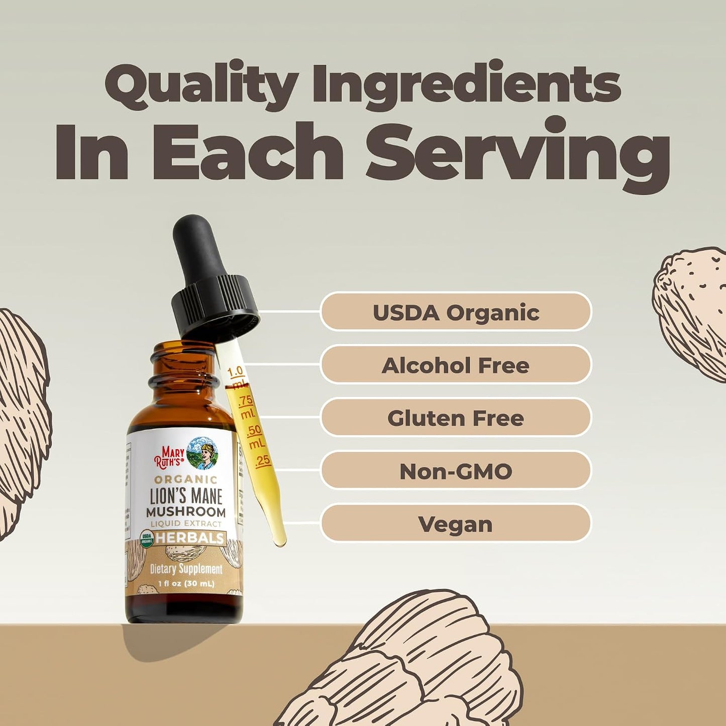 MARYRUTH'S Lions Mane Mushroom Supplement | Nootropic USDA Organic Lions Mane Extract 1,180mg | Nervine Herbal Liquid Drops | Brain Health | Focus & Memory | Non-GMO | Vegan | Alcohol Free | 1 Fl Oz