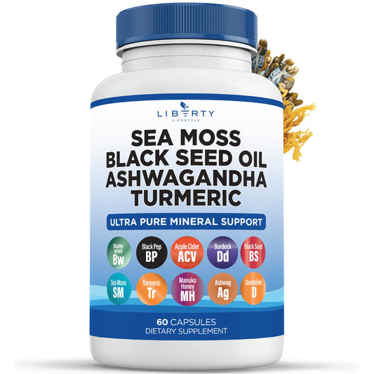 Liberty Lifestyle Sea Moss Black Seed Oil Ashwagandha Turmeric Bladderwrack Burdock - with Manuka, Honey Dandelion, ACV Black Pepper Gluten Free - 2-Pack