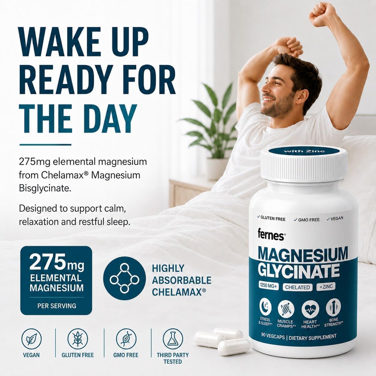 Magnesium Glycinate with Zinc - 275mg Elemental Magnesium + 8mg Zinc for Busy Professionals Who Need Better Sleep, Muscle Recovery and Immune Support, 180 Capsules